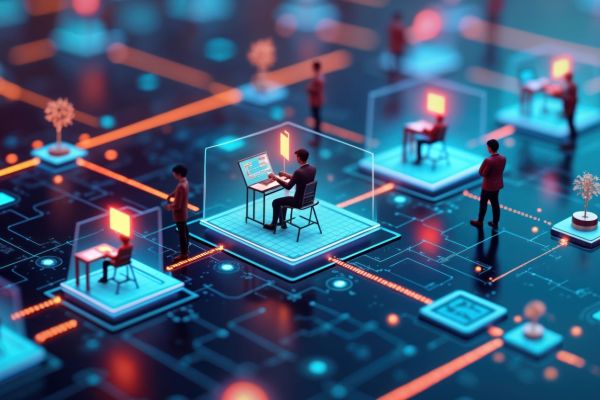 Miniaturmenschen arbeiten gemeinsam an moderner Technologie. 