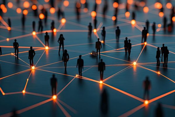 Visualisierung eines digitalen Netzwerks mit verknüpften Personen, die moderne IT-Ressourcen- und Teamstrukturen symbolisieren.
