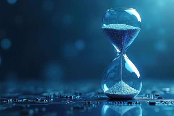 Gläsernes Stundenglas mit blauem Sand steht auf einer elektronischen Leiterplatte und symbolisiert Zeitdruck und Prozesse in der IT-Branche. 