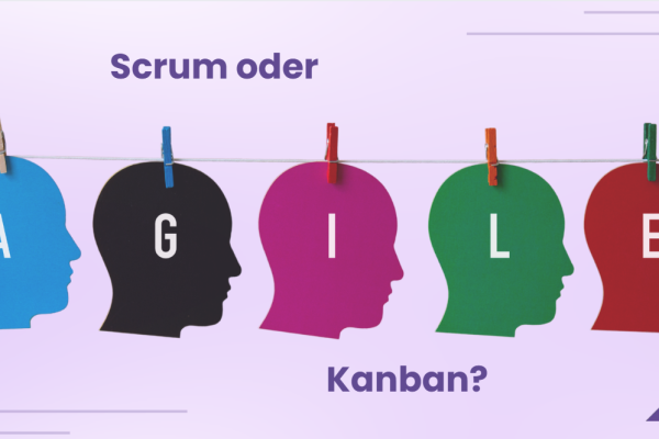 Bunte Silhouetten von Köpfen mit dem Wort AGILE, dazu die Frage „Scrum oder Kanban?“ als agile Methodenvergleich.