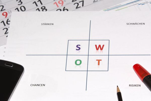 Projektteam vor Flipchart mit SWOT-Matrix zur strategischen Planung im Projektmanagement