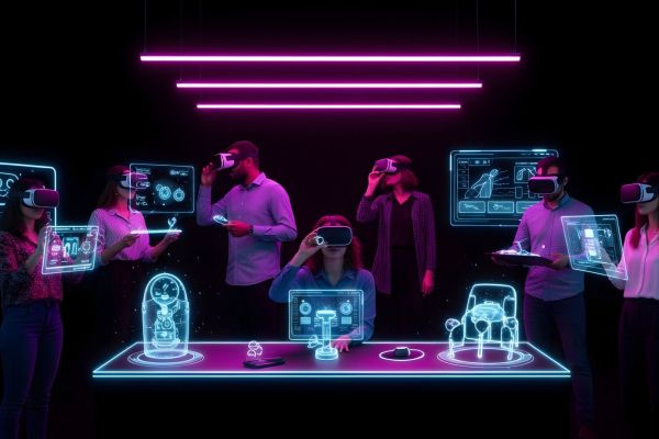 Team mit VR-Brillen arbeitet in virtueller Umgebung mit 3D-Hologrammen: Symbol für Virtual Reality, digitale Zusammenarbeit und innovatives Projektmanagement. 