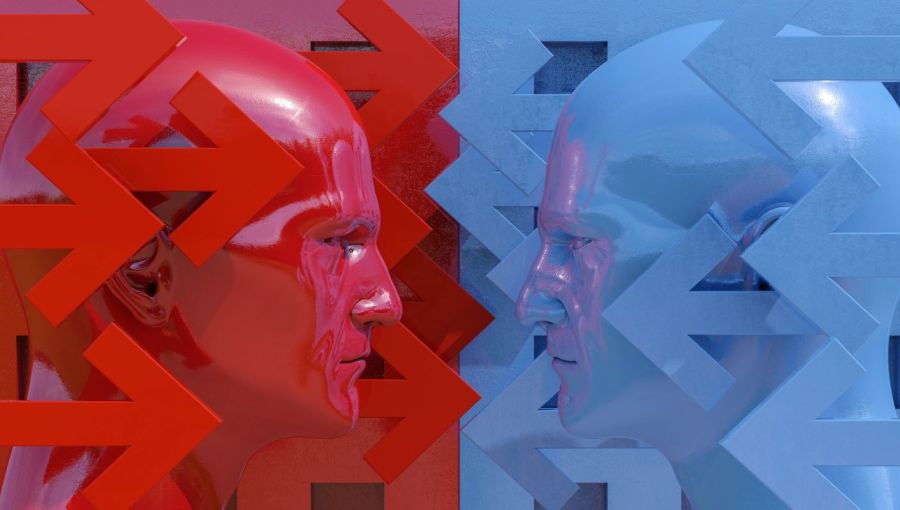  Zwei Köpfe in Rot und Blau mit entgegengesetzten Pfeilen – symbolisiert Konflikt und Konfrontation. 