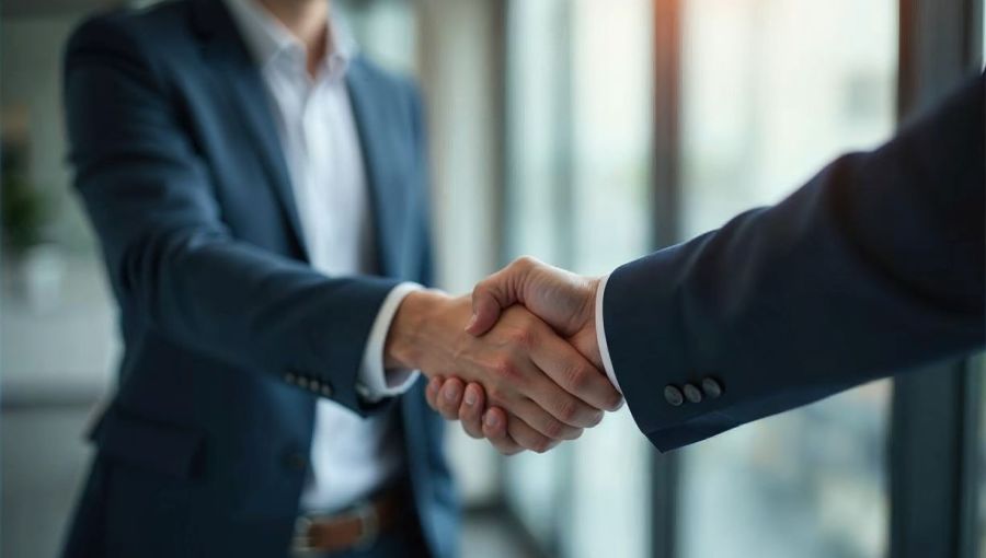 Zwei Geschäftsmänner in Anzug schütteln Hände. 
