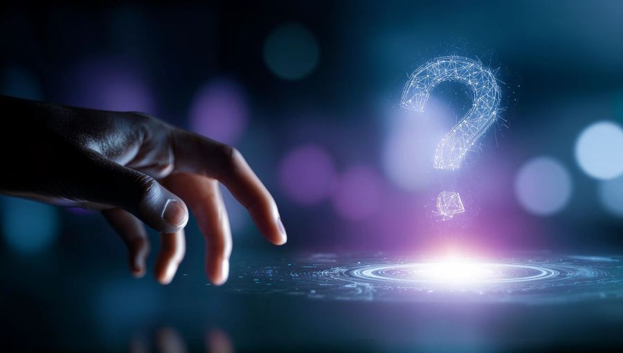 Hand greift nach digitalem Fragezeichen als Symbol für Herausforderungen im IT-Recruiting und Fachkräftemangel. 