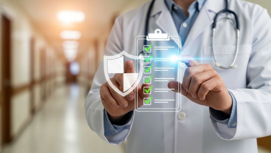 Checkliste für das Gesundheitswesen Sicherheit, Arzt im Laborkittel mit Schild-Symbol und digitalem Klemmbrett