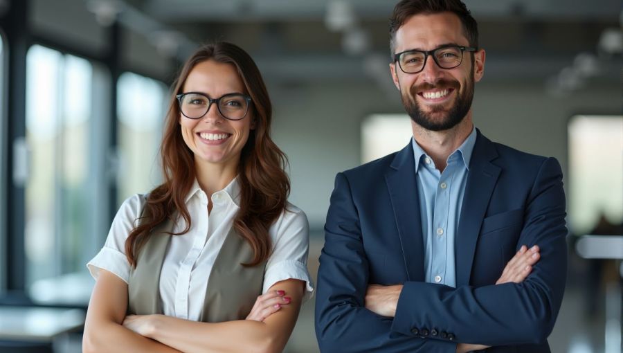 Zwei IT-Berater in Businesskleidung stehen lächelnd im Büro mit verschränkten Armen.