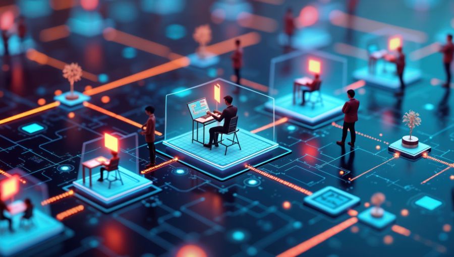 Miniaturmenschen arbeiten gemeinsam an moderner Technologie. 