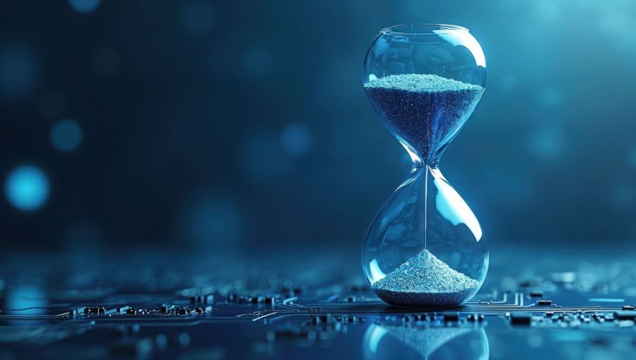 Gläsernes Stundenglas mit blauem Sand steht auf einer elektronischen Leiterplatte und symbolisiert Zeitdruck und Prozesse in der IT-Branche. 