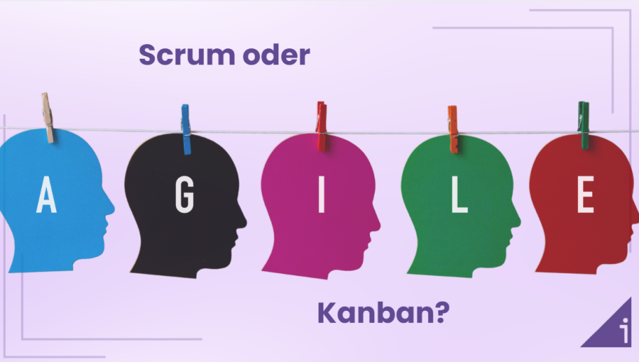 Bunte Silhouetten von Köpfen mit dem Wort AGILE, dazu die Frage „Scrum oder Kanban?“ als agile Methodenvergleich.