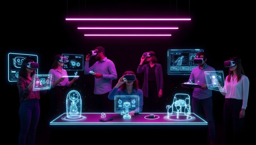 Team mit VR-Brillen arbeitet in virtueller Umgebung mit 3D-Hologrammen: Symbol für Virtual Reality, digitale Zusammenarbeit und innovatives Projektmanagement. 