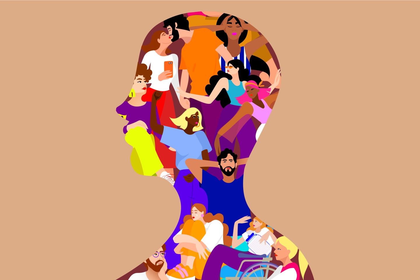 Vielfältige Menschen in einer stilisierten Silhouette: Symbol für Inklusion und Diversität